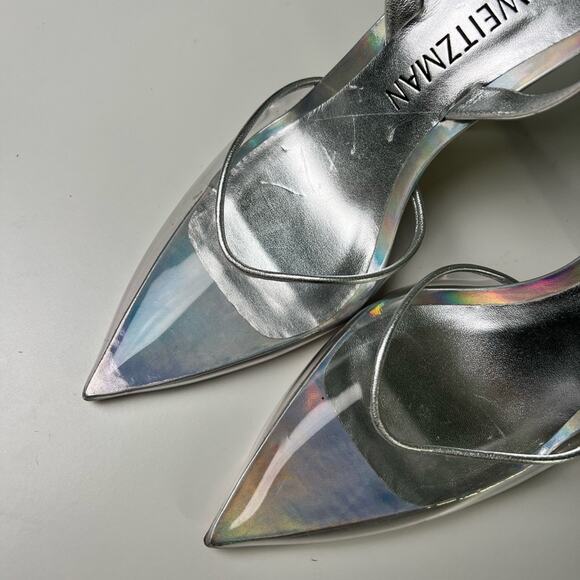 Stuart Weitzman Womens Silver Clear Pointed Stuart Xcurve 100 Slingback Heels 10 - Picture 4 of 11